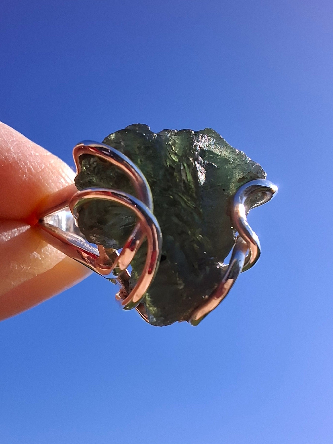 Moldavite Ring, size large L/small M, 925 Silver, Tektite (Ref: R4)