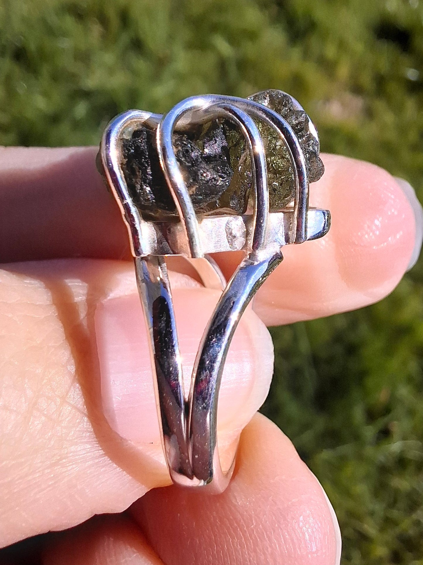 Moldavite Ring, size large L/small M, 925 Silver, Tektite (Ref: R4)