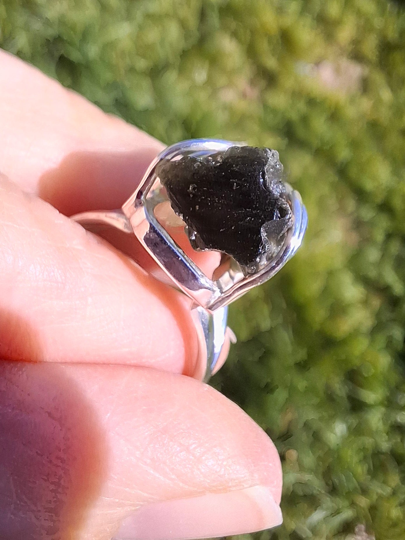 Moldavite Ring, size O, 925 Silver, Tektite (Ref: R8)