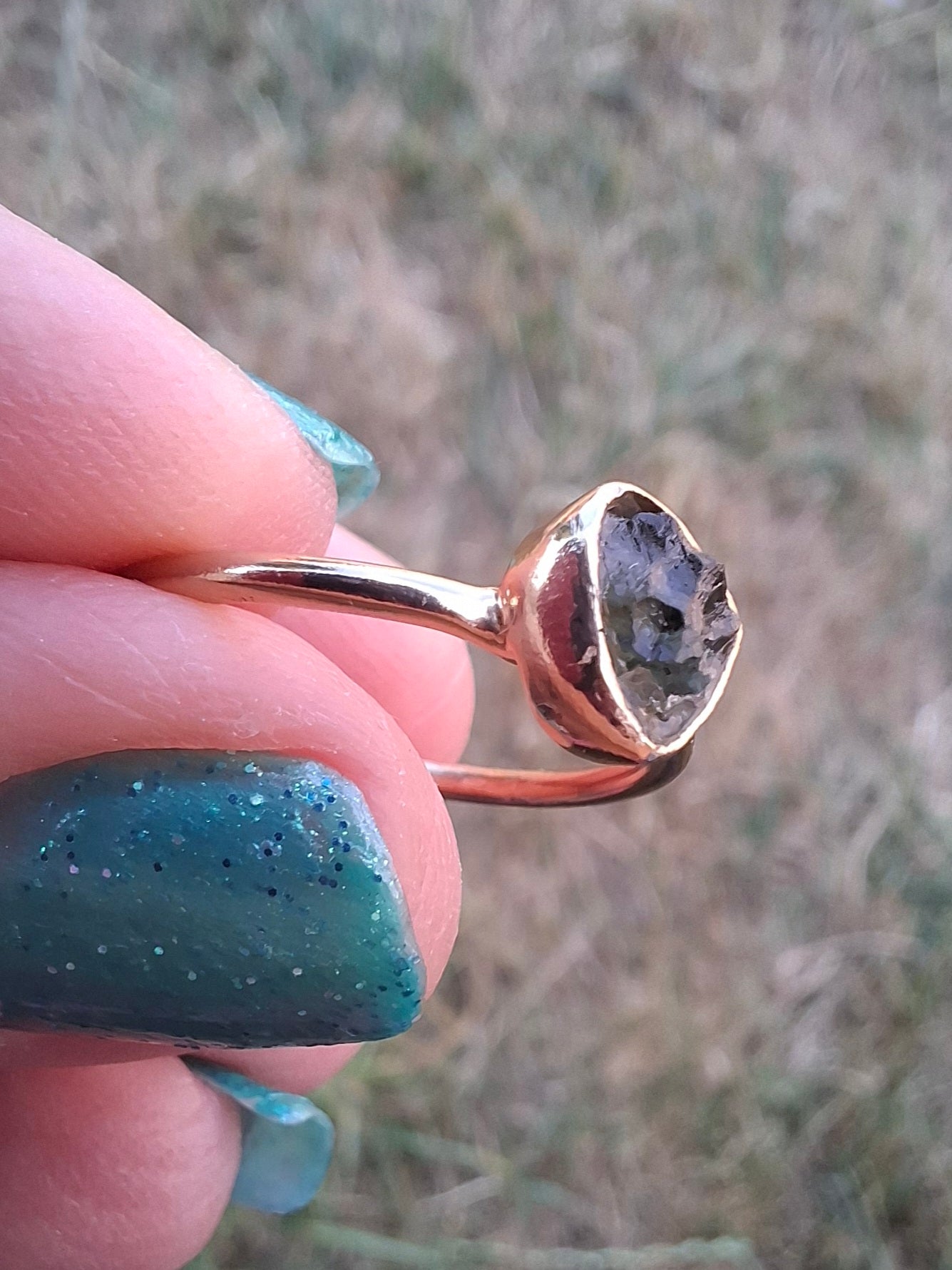 Moldavite Ring, 14K GOLD Plated, size large L, Tektite (Ref: R343)