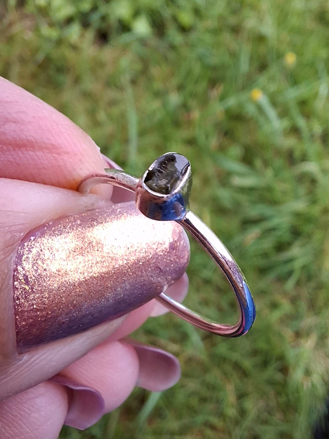 Moldavite Ring, size small P, 925 Silver, Tektite (Ref: R42)