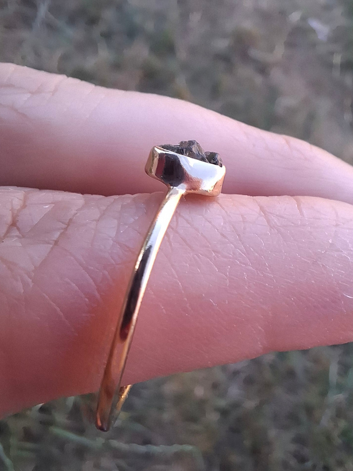 Moldavite Ring, 14K GOLD Plated, size large T, Tektite (Ref: R350)