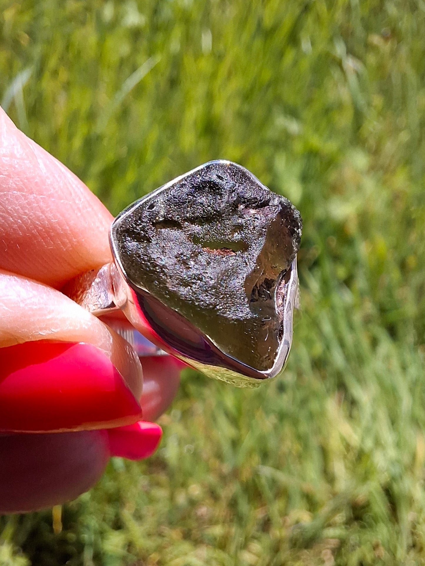Moldavite Ring, size R, 925 Silver, Tektite (Ref: R317)