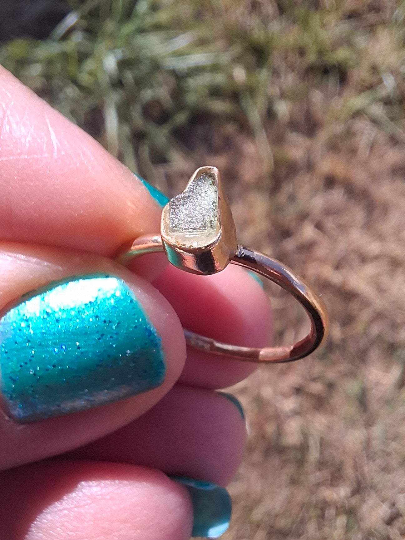 Moldavite Ring, 14K GOLD Plated, size large J, Tektite (Ref: R338)