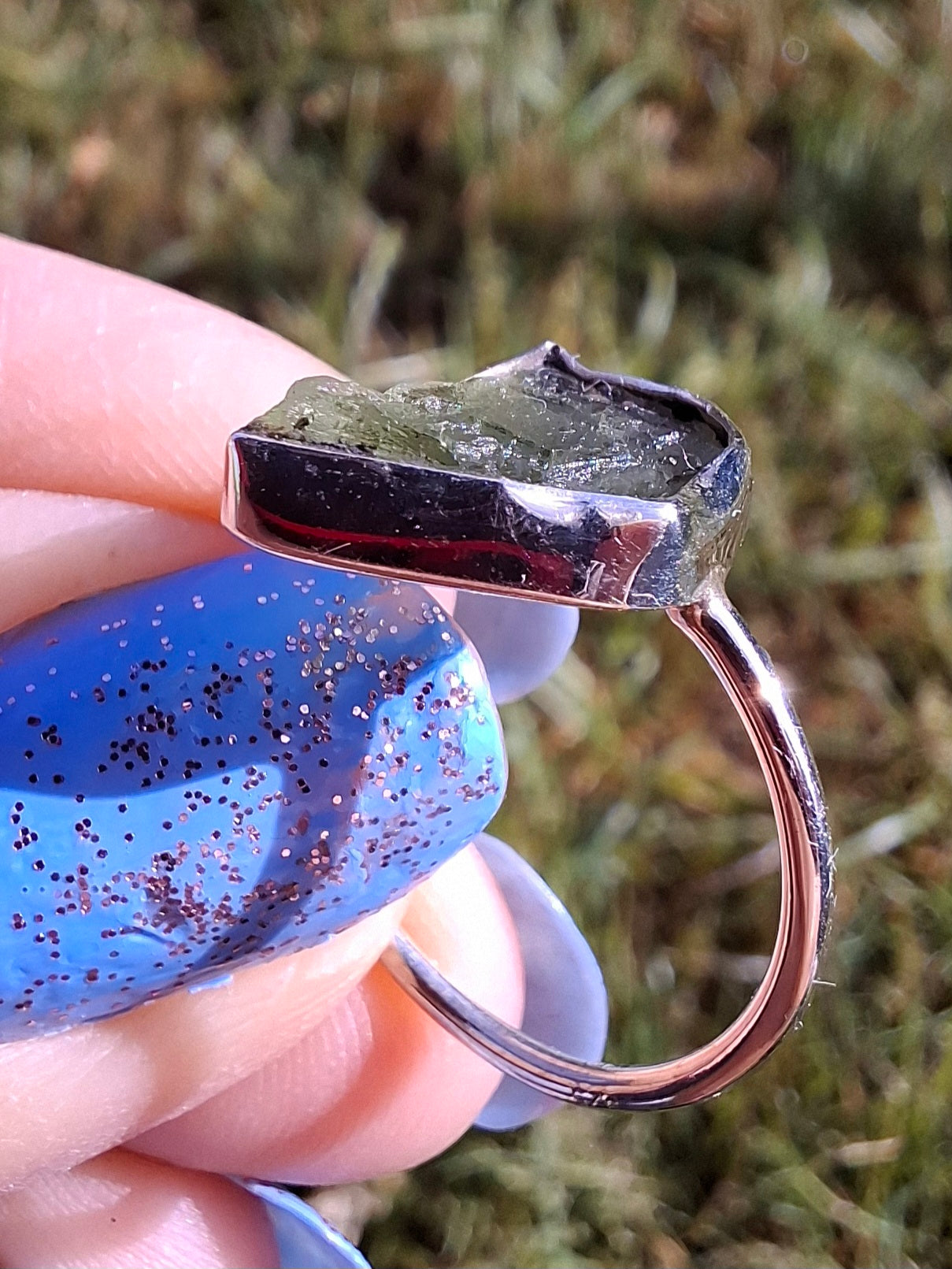 Moldavite Ring, size large M, 925 Silver, Tektite (Ref: R24)