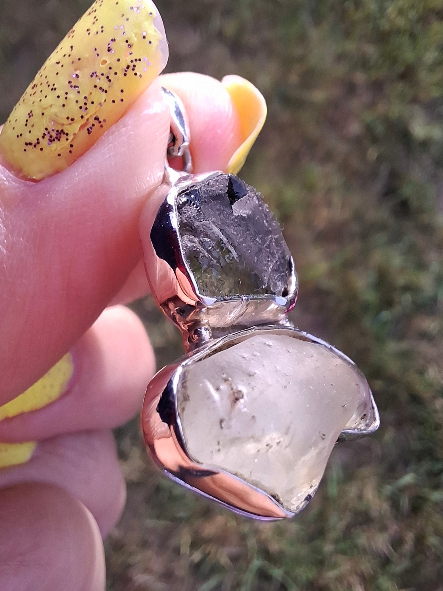 Moldavite & Libyan Desert Glass Pendant, 925 Silver, Tektite (Ref: MLP10)