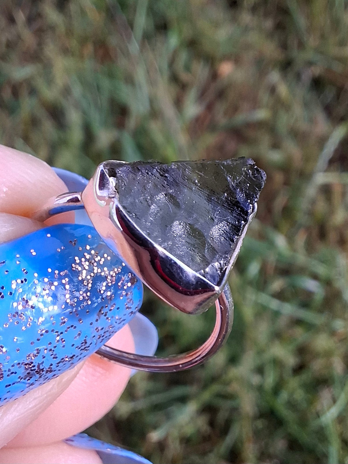Moldavite Ring, size large J, 925 Silver, Tektite (Ref: R20)