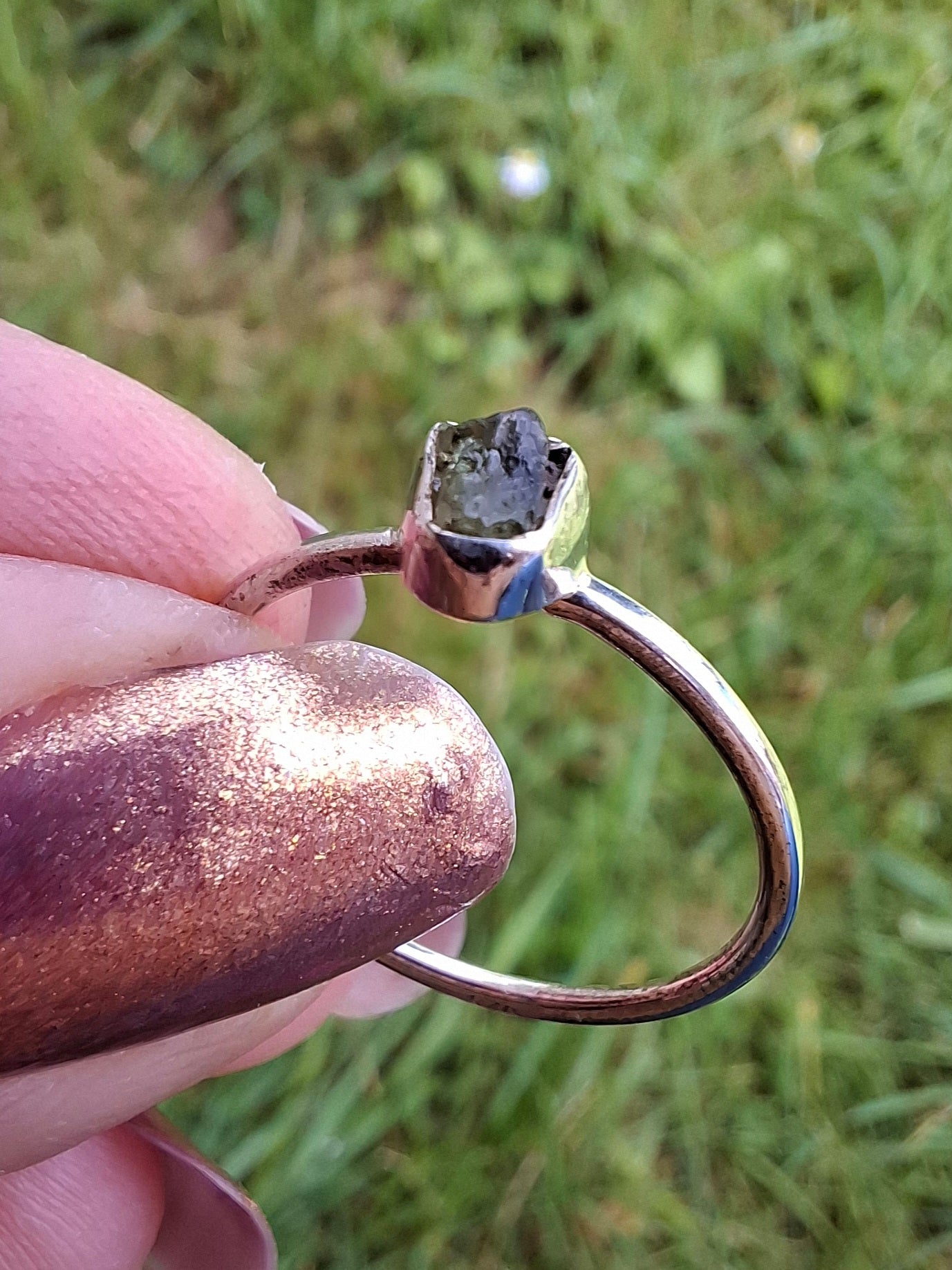 Moldavite Ring, size large O/small P, 925 Silver, Tektite (Ref: R41)