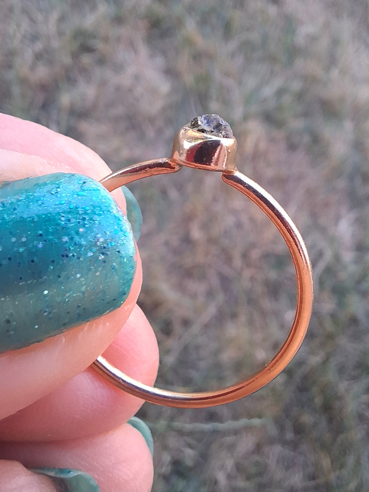 Moldavite Ring, 14K GOLD Plated, size large T, Tektite (Ref: R350)