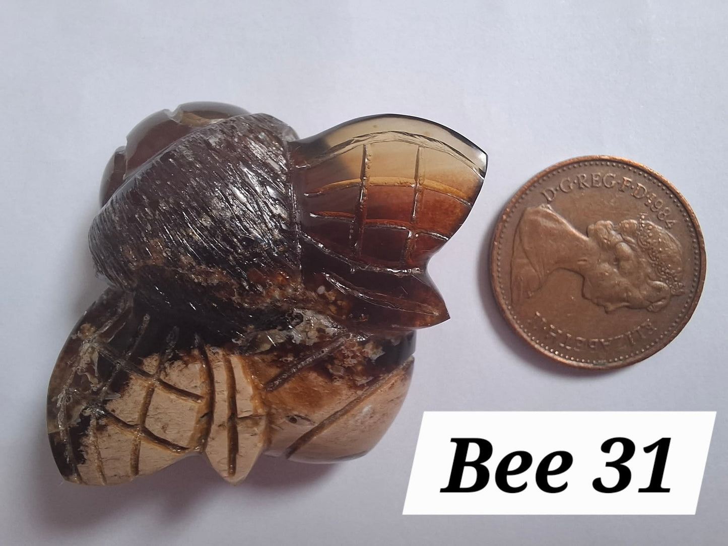 Red Amber Honey Bee Carving, 7.00g, Fossil (Ref: Bee31)