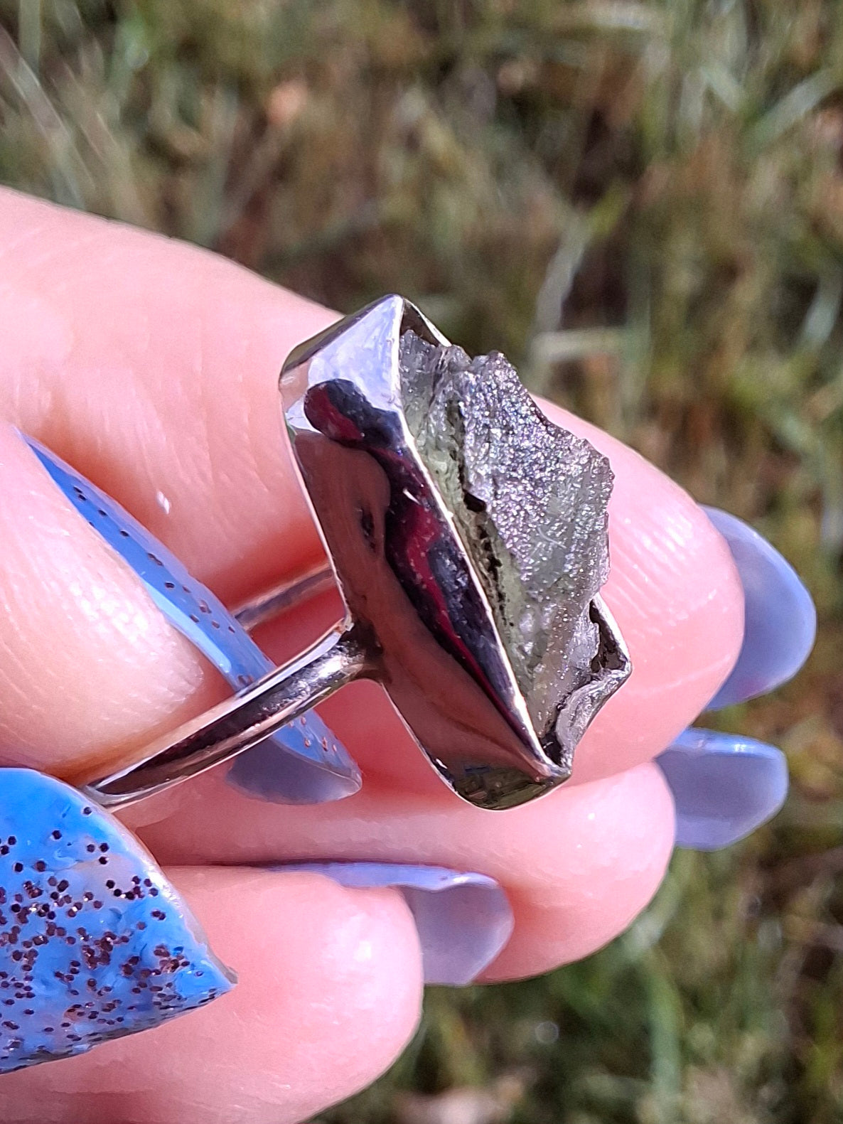 Moldavite Ring, size large G/small H, 925 Silver, Tektite (Ref: R19)