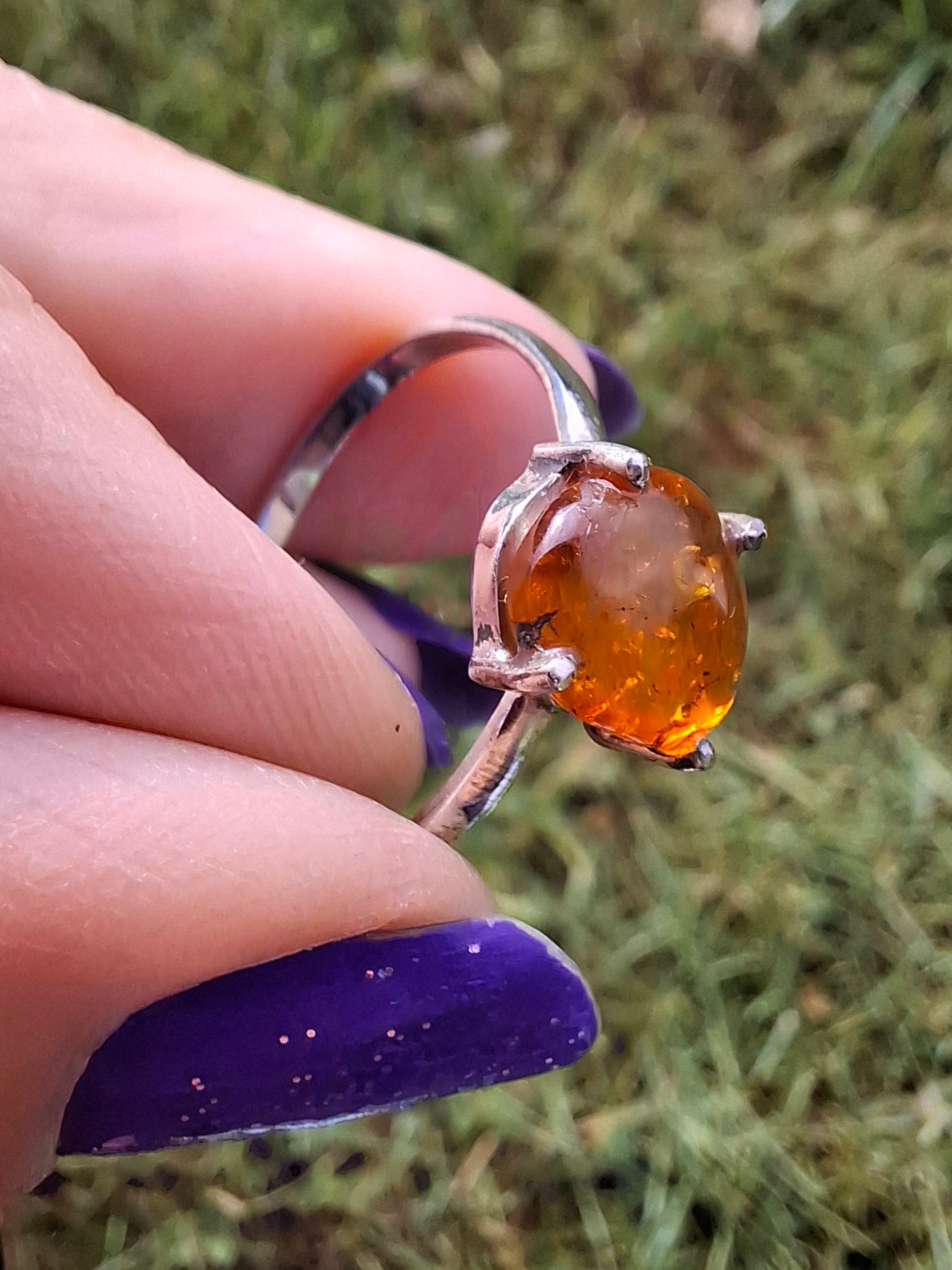 Baltic Amber Ring, size large W, 925 Silver, Fossil (Ref: AR27)