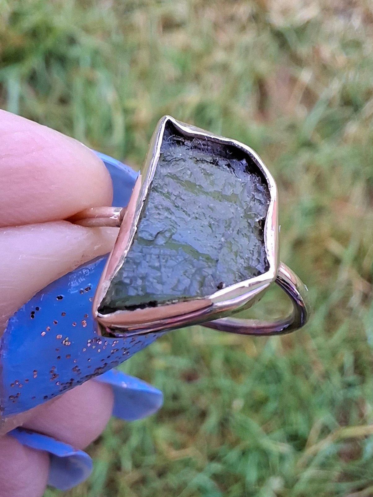 Moldavite Ring, size large M, 925 Silver, Tektite (Ref: R24)