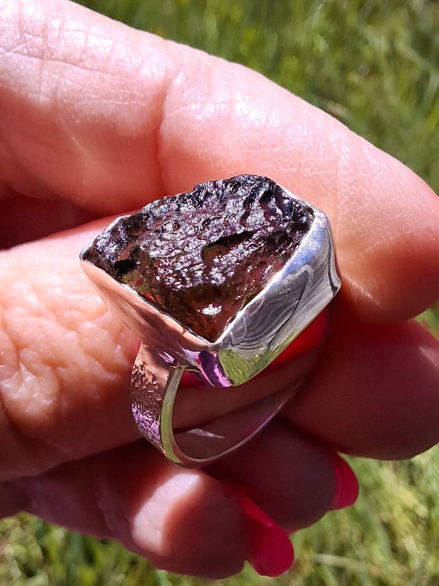 Moldavite Ring, size P, 925 Silver, Tektite (Ref: R314)