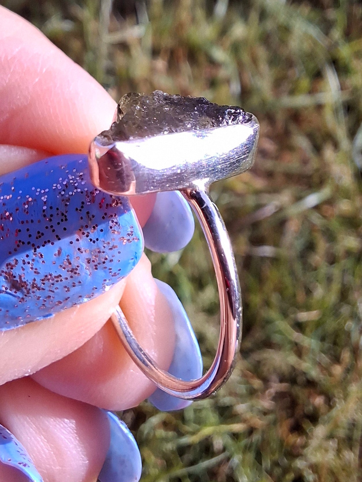 Moldavite Ring, size large M, 925 Silver, Tektite (Ref: R23)