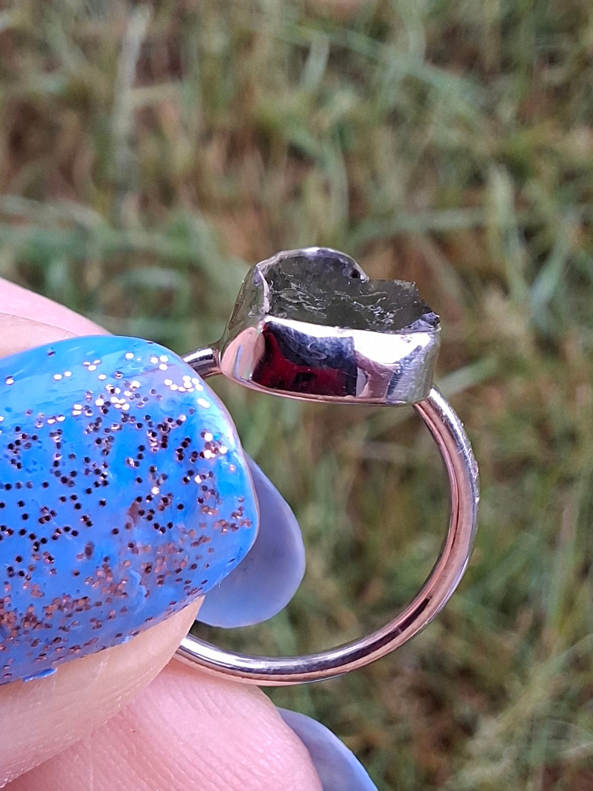 Moldavite Ring, size Large G, 925 Silver, Tektite (Ref: R18)