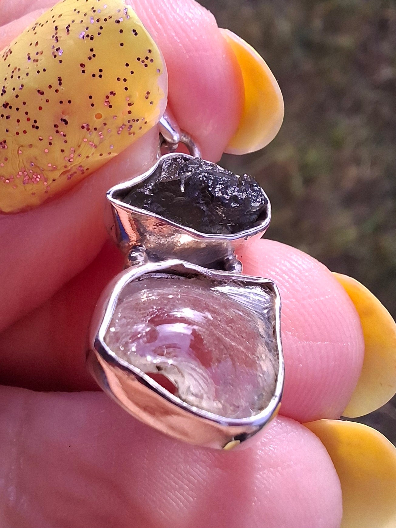 Moldavite & Libyan Desert Glass Pendant, 925 Silver, Tektite (Ref: MLP13)