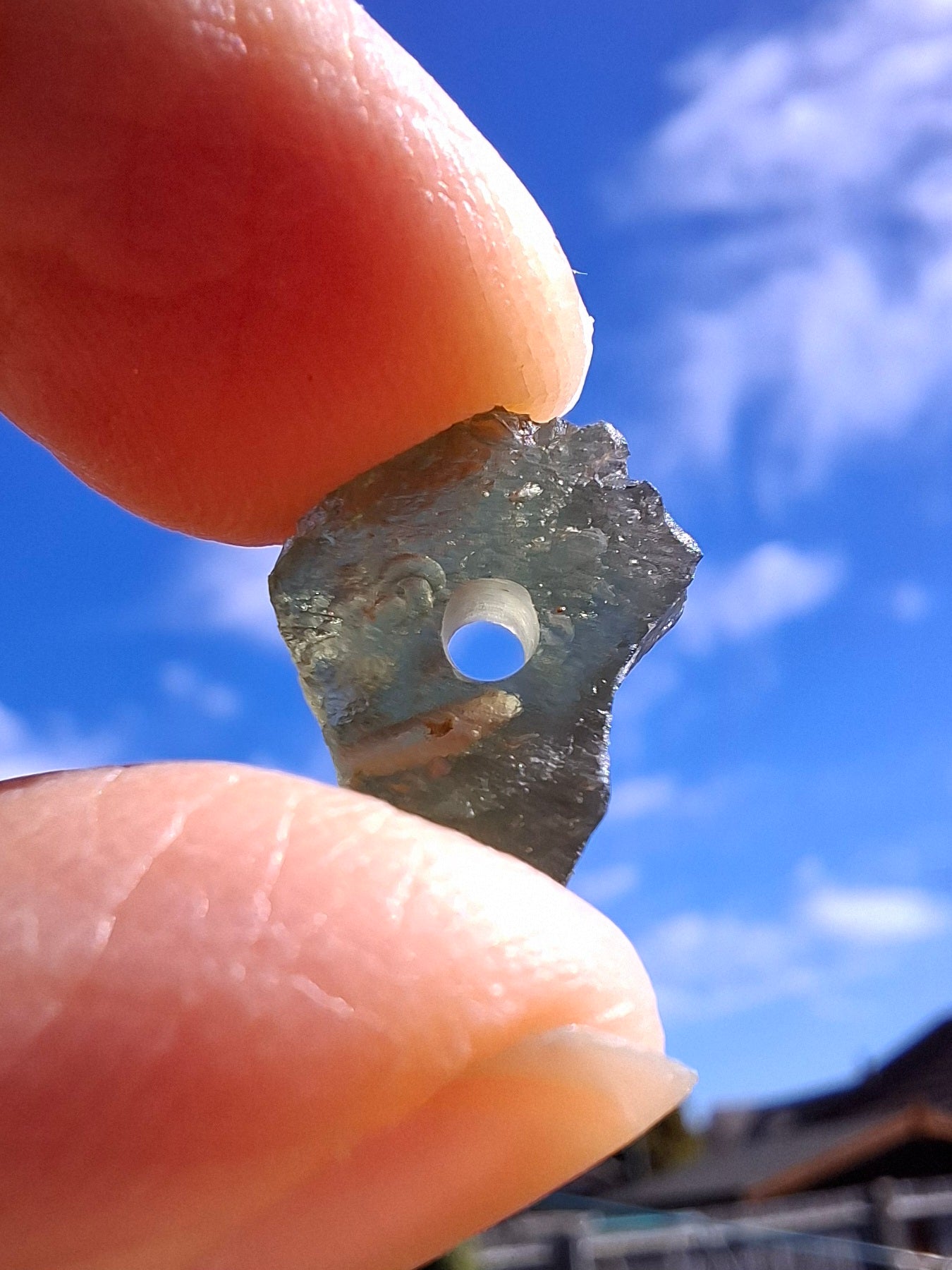DRILLED Moldavite Piece, 1g, Tektite (Ref: D12)