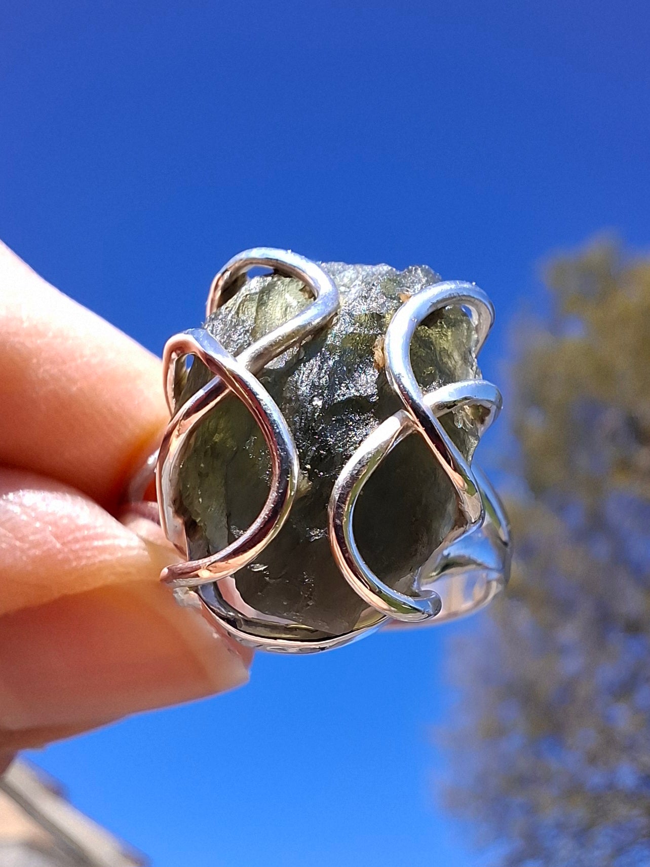 Moldavite Ring, size S, 925 Silver, Tektite (Ref: R12)