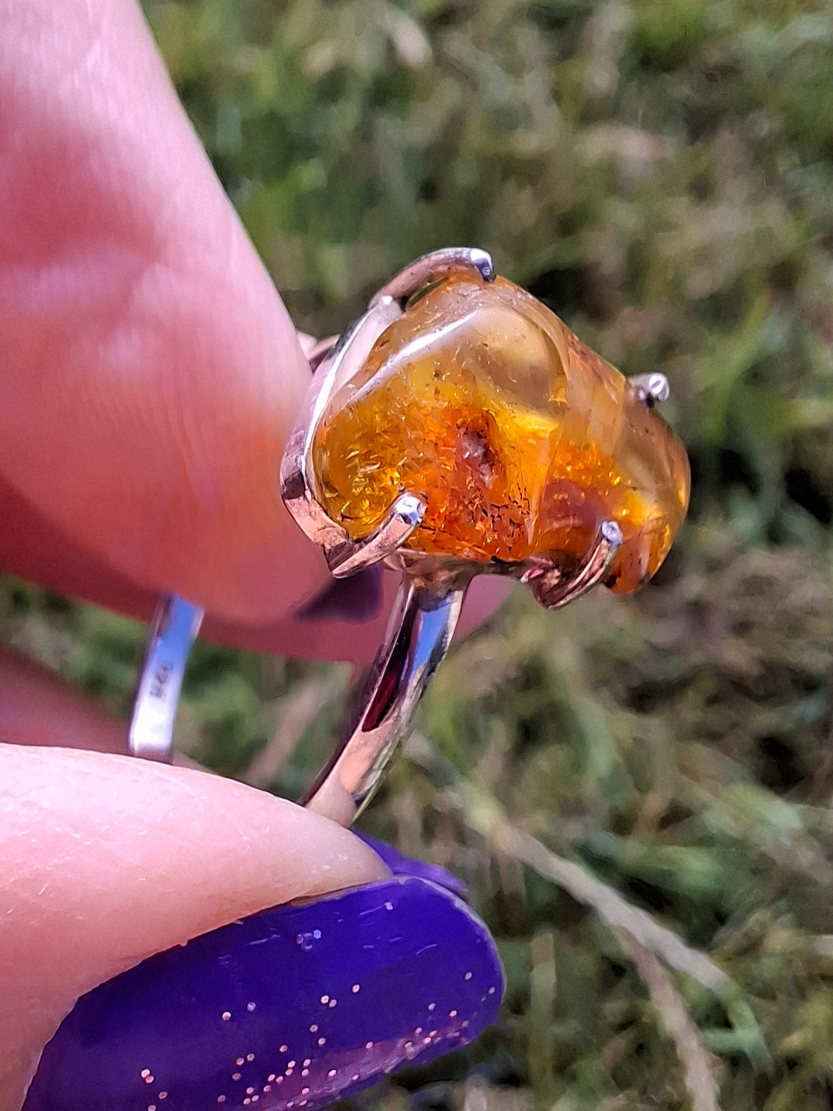 Baltic Amber Ring, size large X, 925 Silver, Fossil (Ref: AR36)