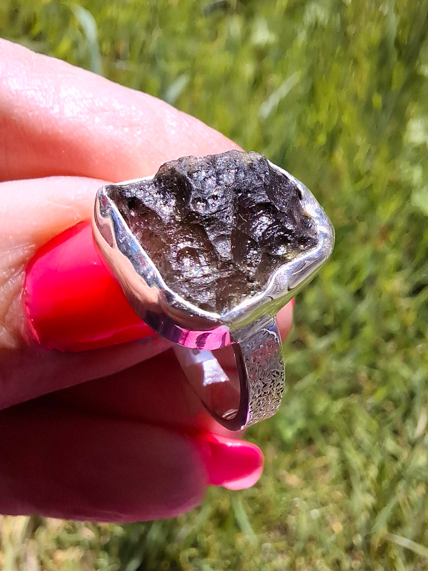 Moldavite Ring, size large M/small N, 925 Silver, Tektite (Ref: R309)
