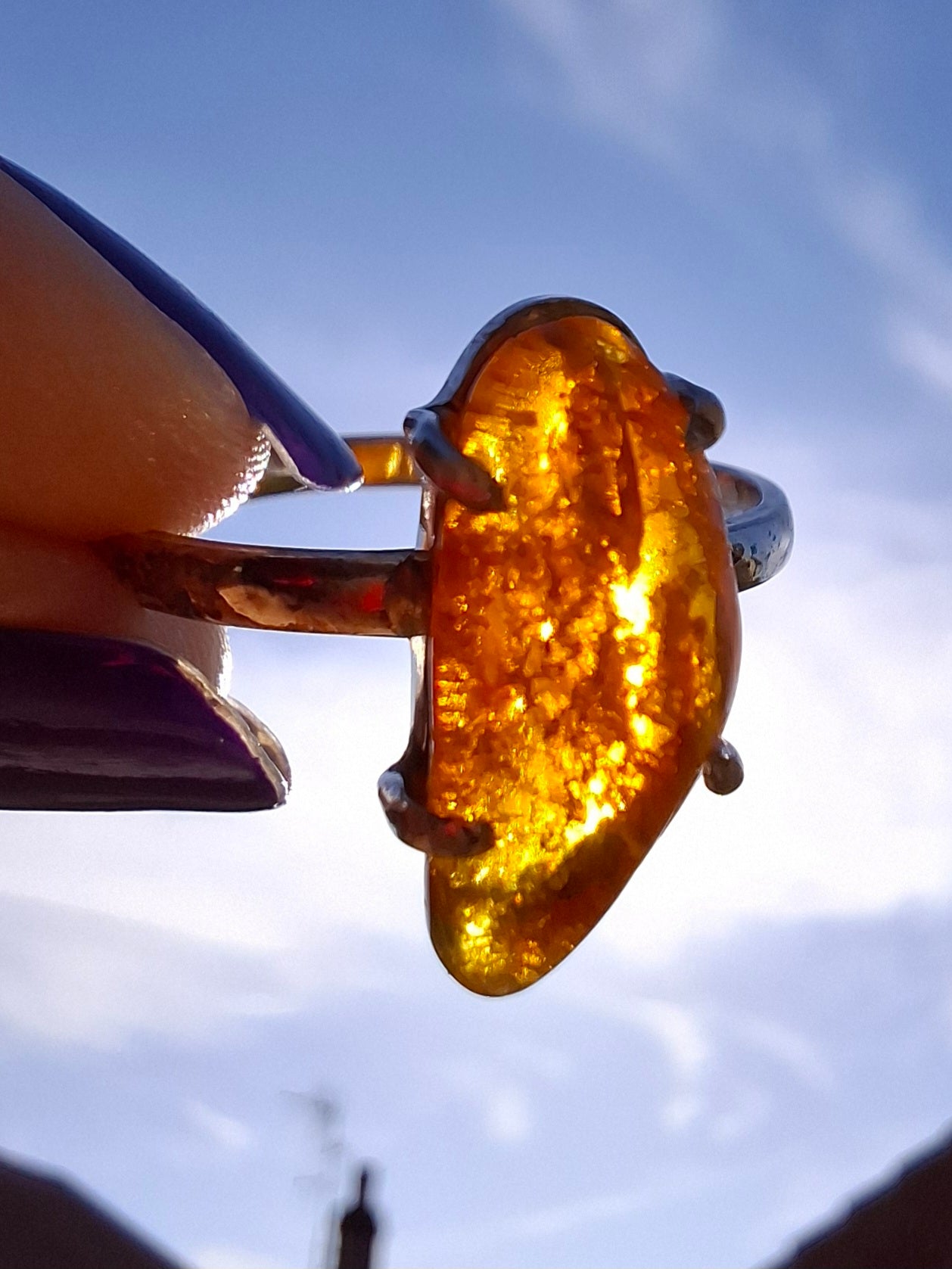 Baltic Amber Ring, size large T/small U, 925 Silver, Fossil (Ref: AR19)