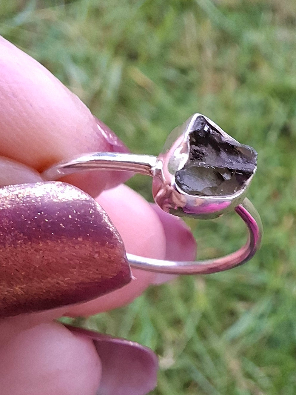 Moldavite Ring, Size small L, 925 Silver, Tektite (Ref: R34)