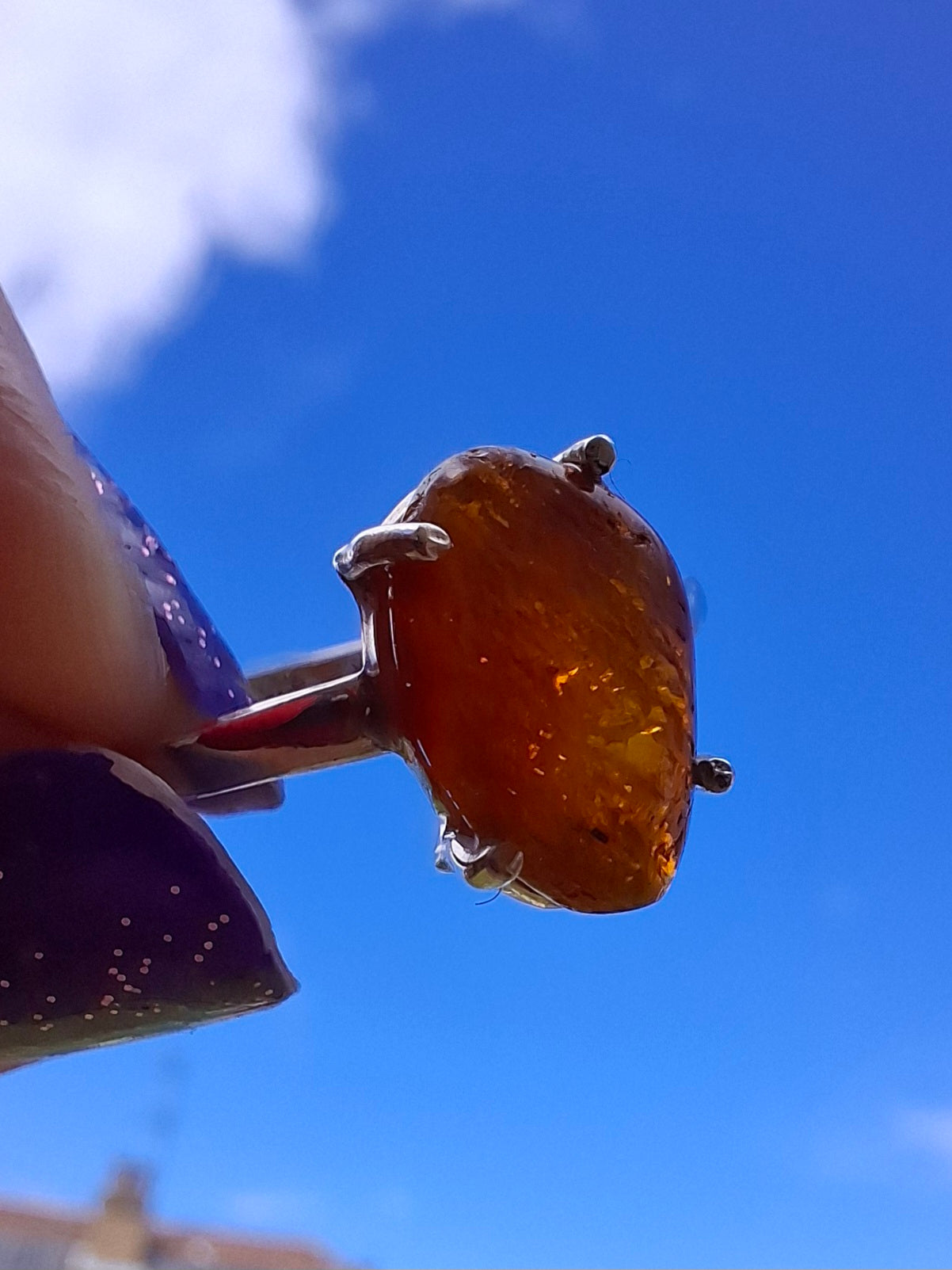 Baltic Amber Ring, size large X, 925 Silver, Fossil (Ref: AR32)