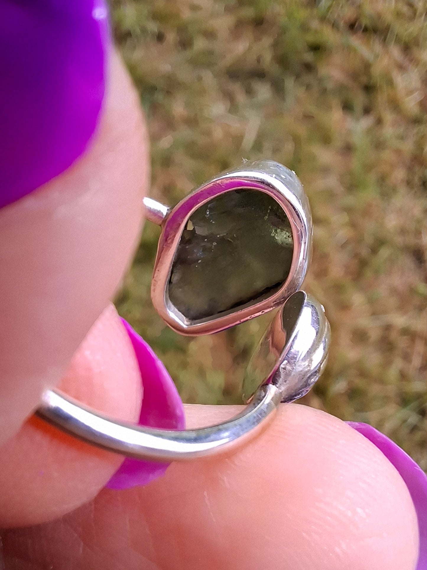 Moldavite ADJUSTABLE Ring, size large R, 925 Silver, Tektite (Ref: AR49)