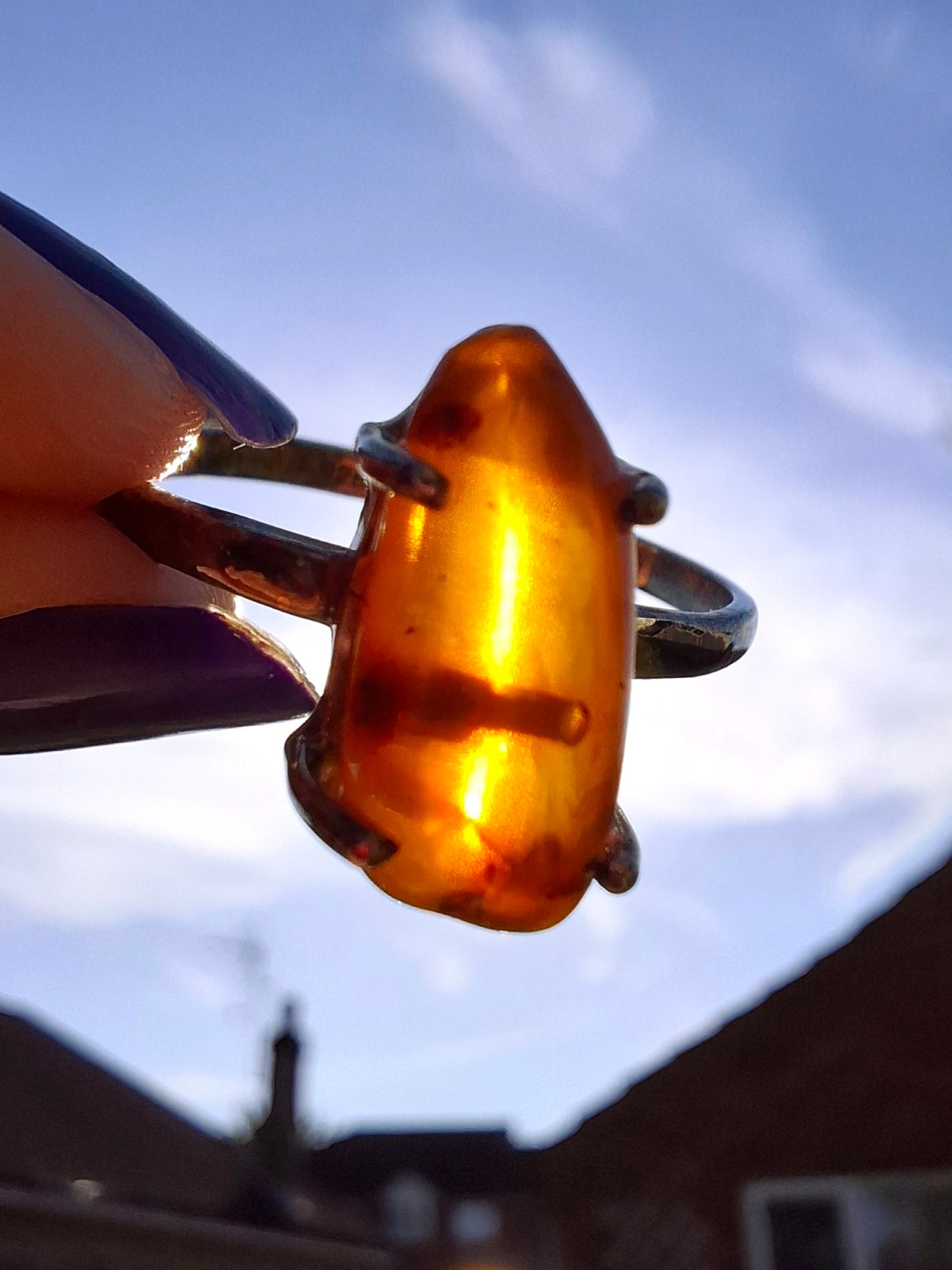 Baltic Amber Ring, size large V, 925 Silver, Fossil (Ref: AR23)