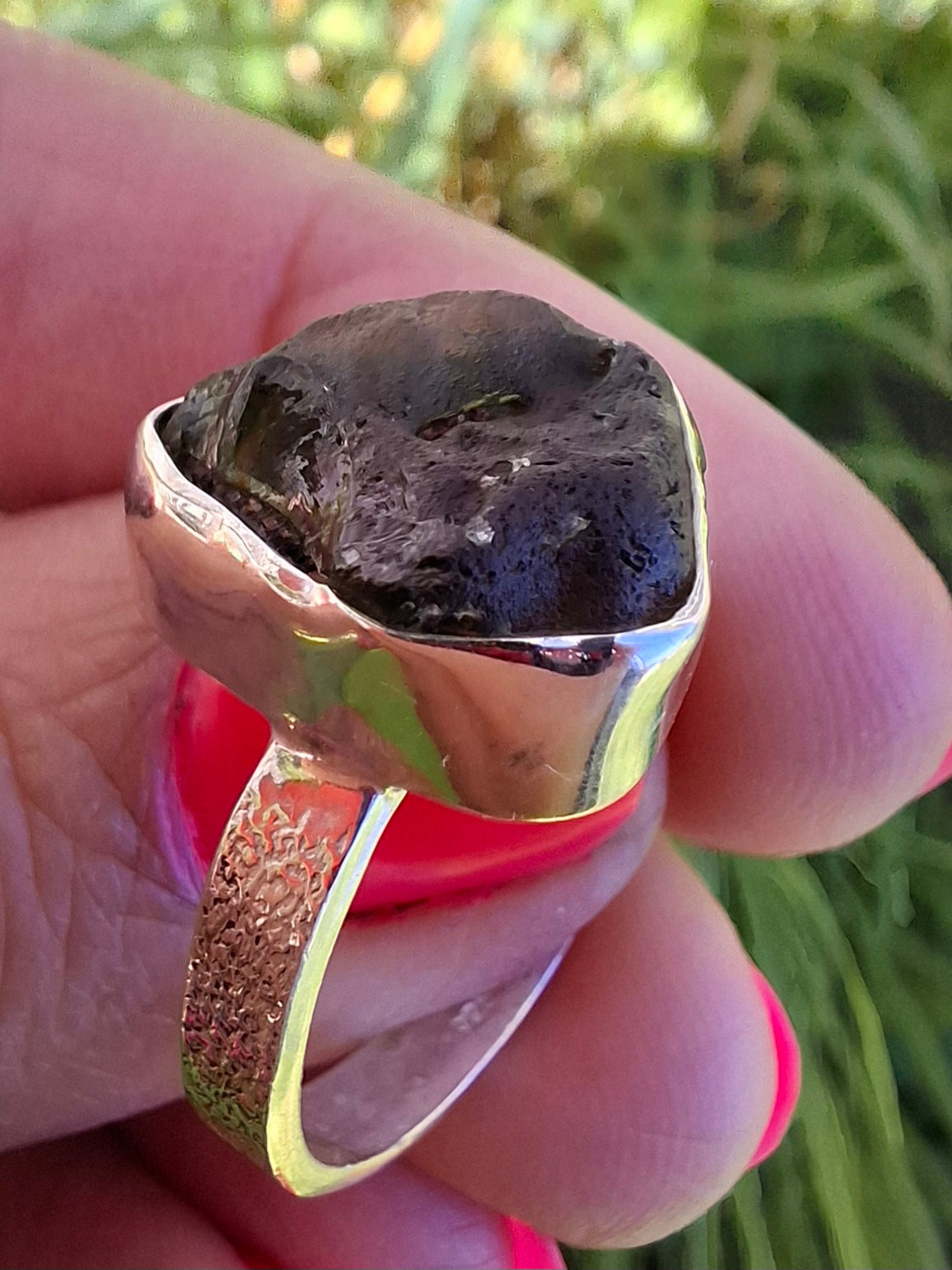 Moldavite Ring, size R, 925 Silver, Tektite (Ref: R317)