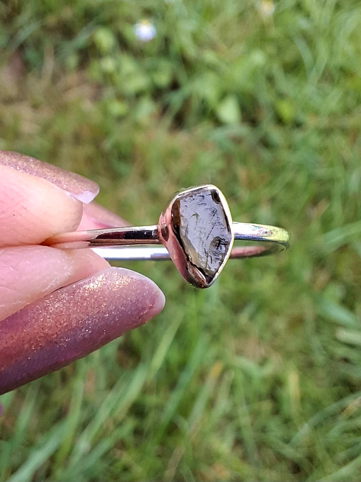 Moldavite Ring, size Q, 925 Silver, Tektite (Ref: R45)