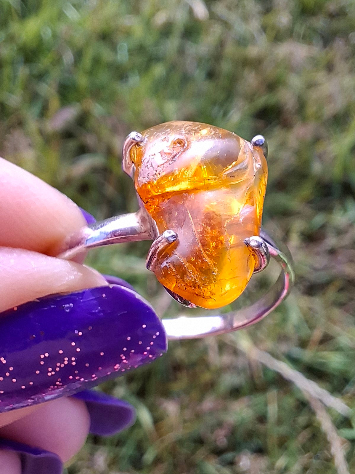 Baltic Amber Ring, size large X, 925 Silver, Fossil (Ref: AR36)