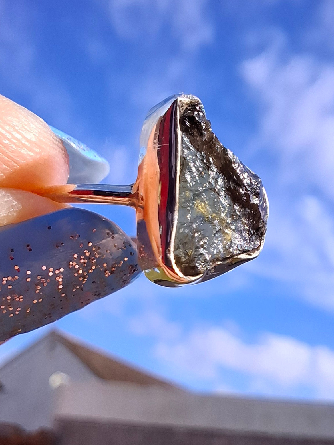 Moldavite Ring, size large M, 925 Silver, Tektite (Ref: R23)