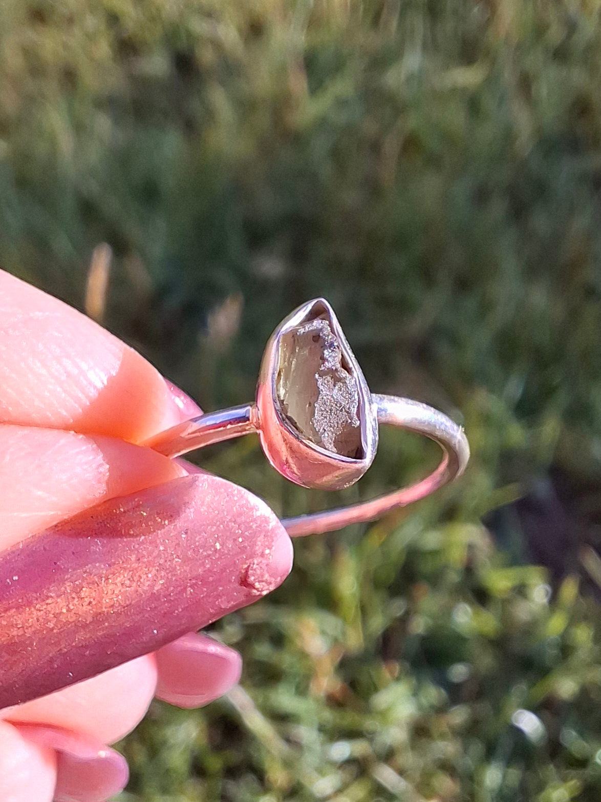 Moldavite Ring, size small L, 925 Silver, Tektite (Ref: R35)