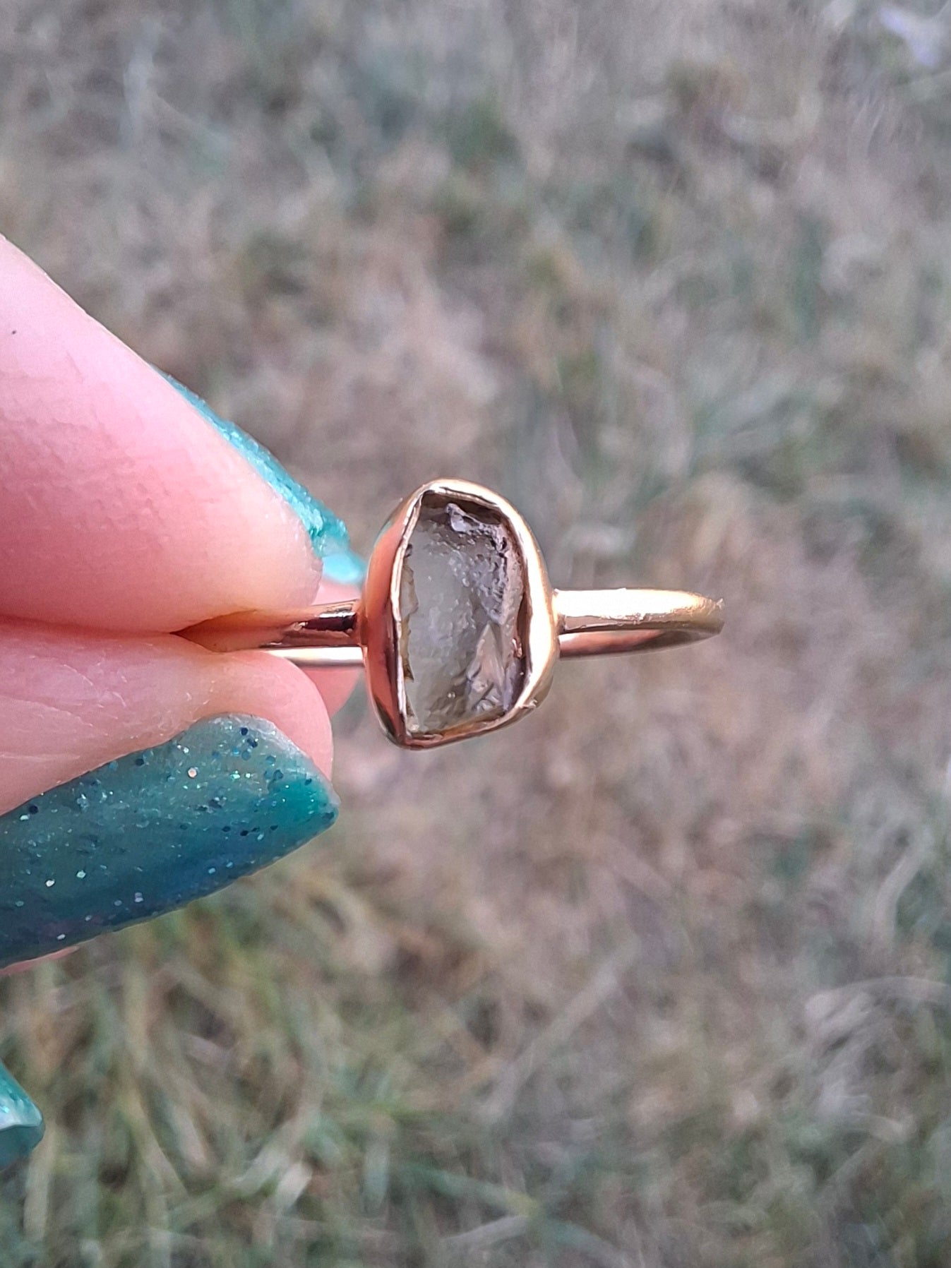 Moldavite Ring, 14K GOLD Plated, size small L, Tektite (Ref: R342)