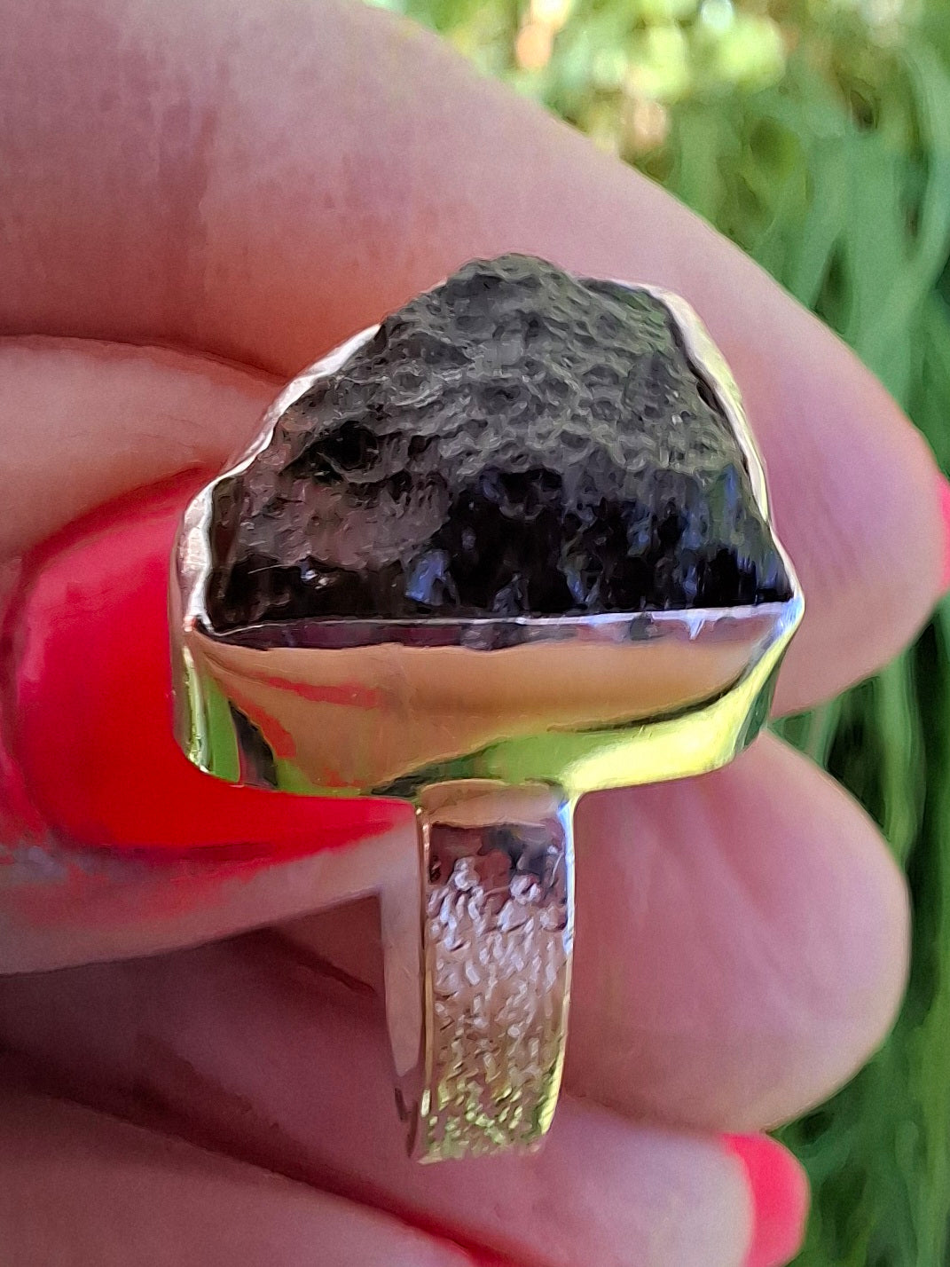 Moldavite Ring, size P, 925 Silver, Tektite (Ref: R314)