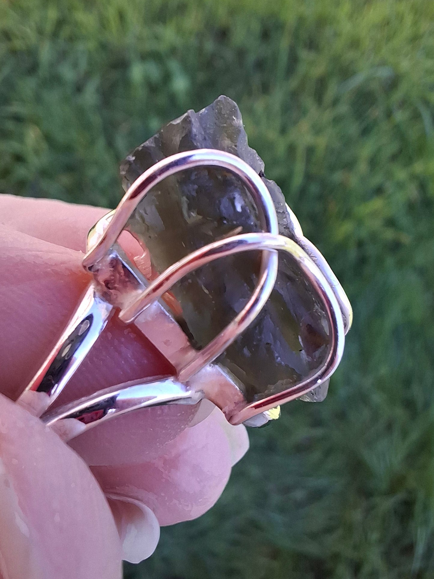 Moldavite Ring, size O, 925 Silver, Tektite (Ref: R8)