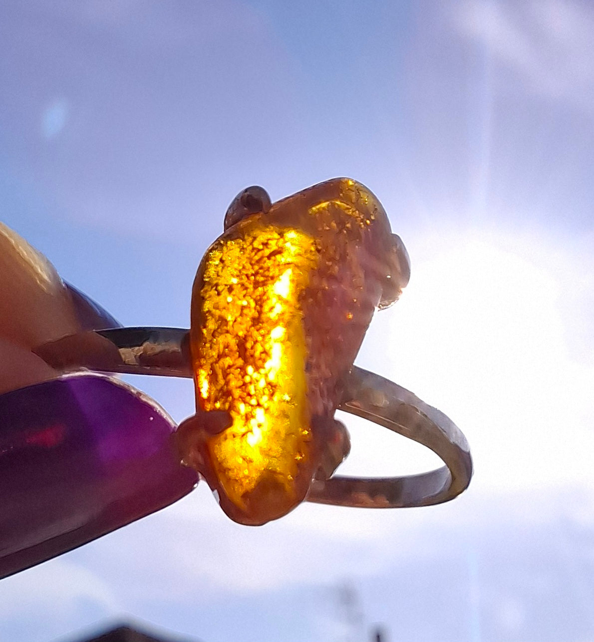 Baltic Amber Ring, size large V, 925 Silver, Fossil (Ref: AR26)