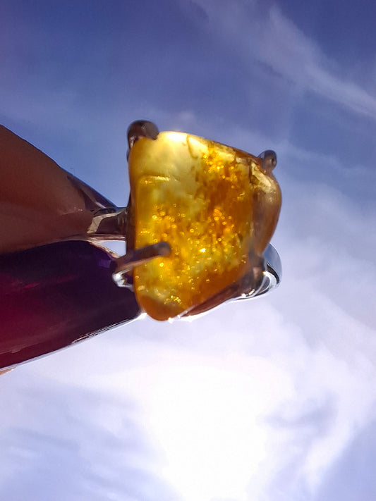 Baltic Amber Ring, size large M, 925 Silver, Fossil (Ref: AR6)