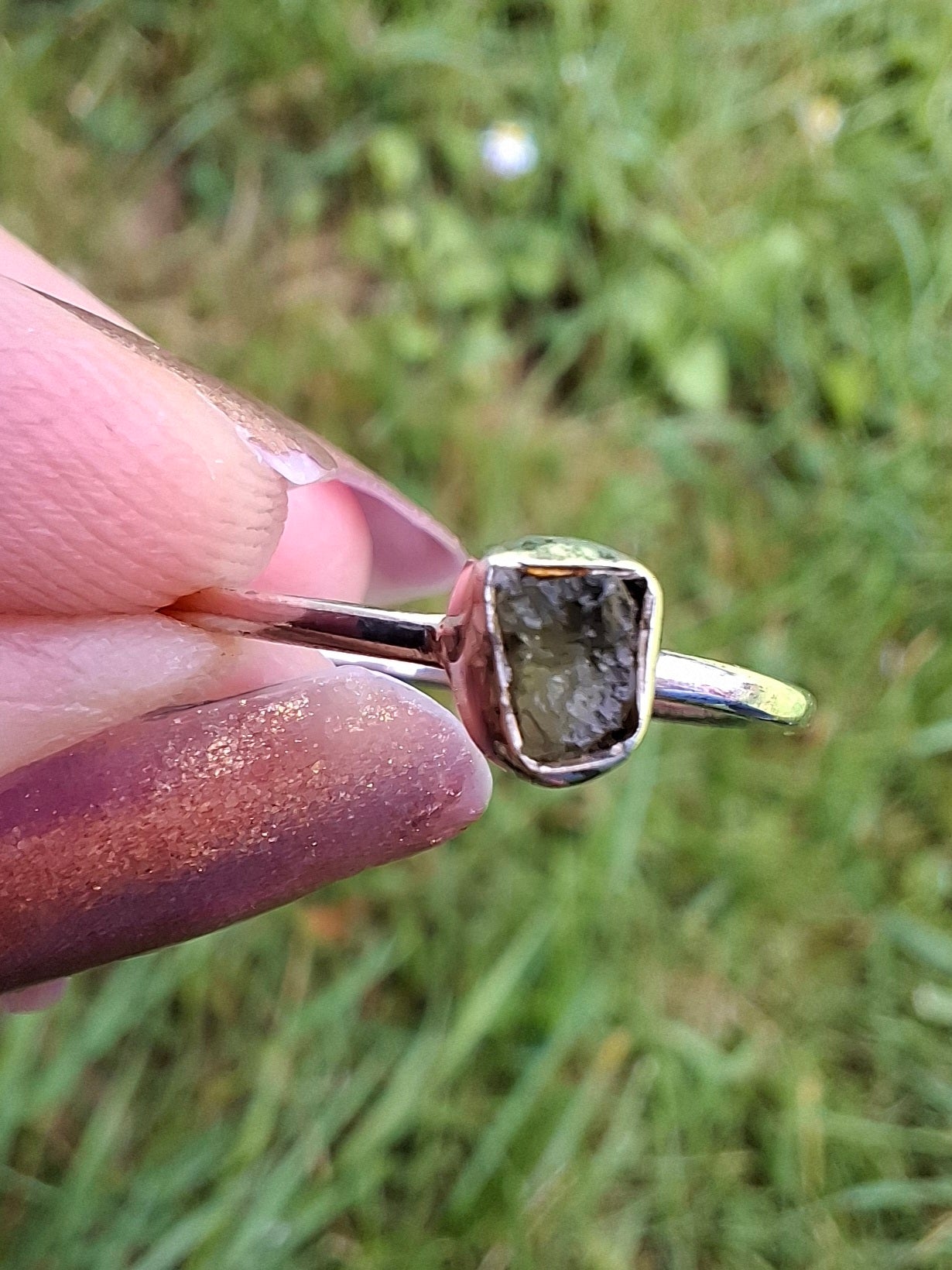 Moldavite Ring, size large O/small P, 925 Silver, Tektite (Ref: R41)