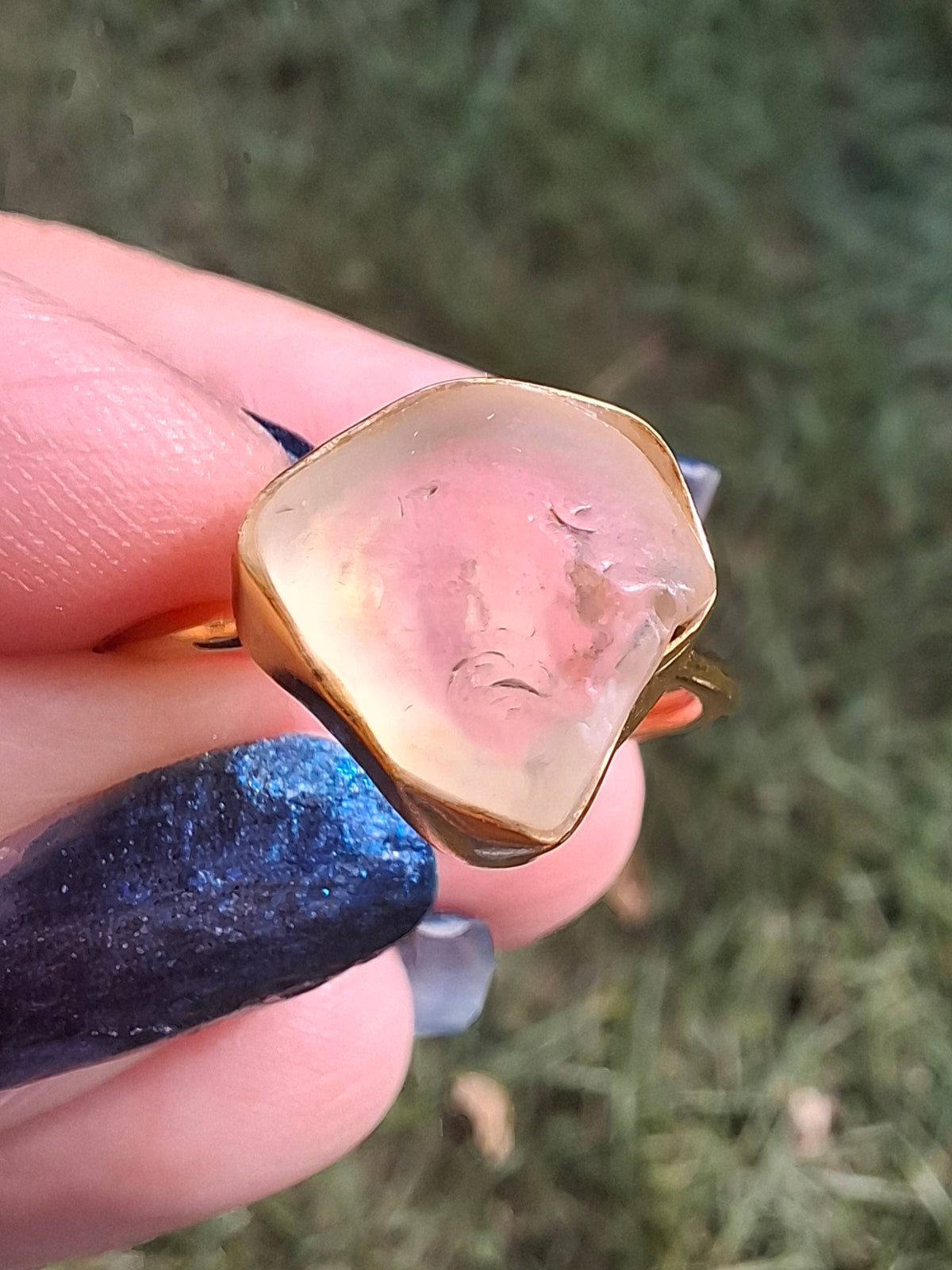Libyan Desert Glass Ring, 14K GOLD Plated, size large P, Tektite (Ref: LR67)