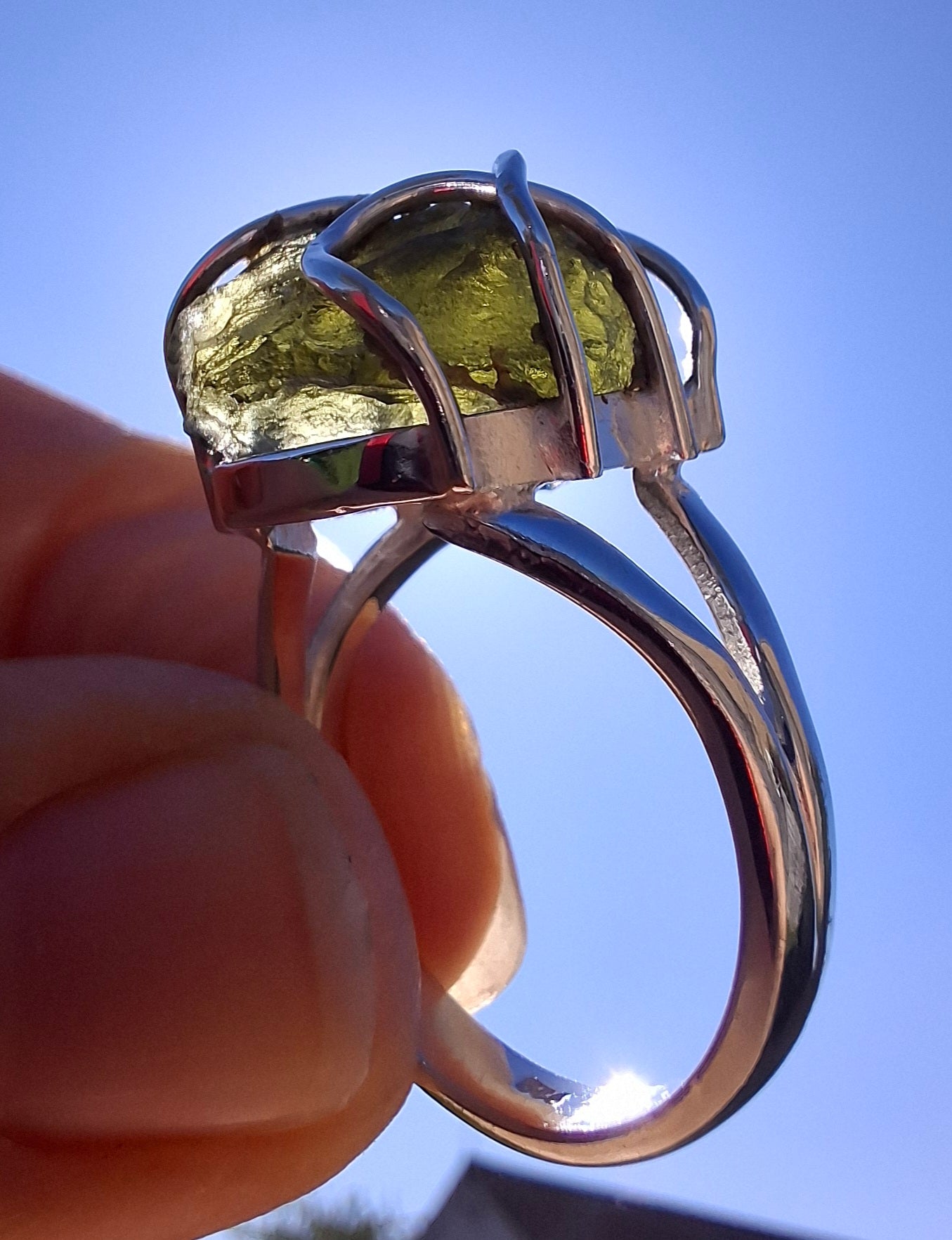 Moldavite Ring, size S, 925 Silver, Tektite (Ref: R12)
