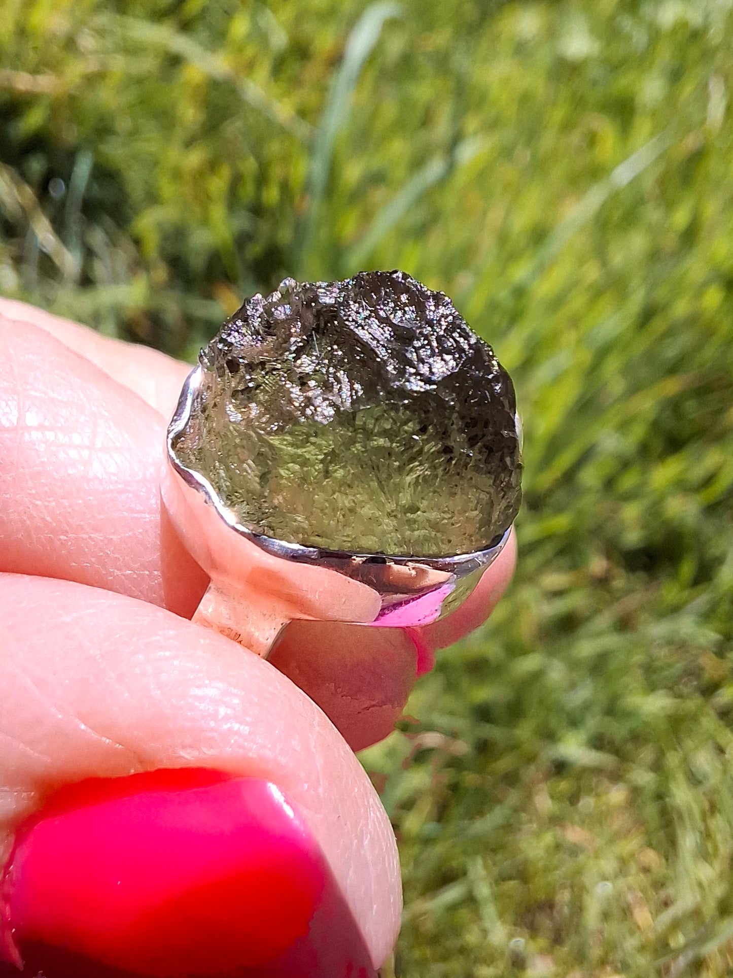 Moldavite Ring, size O, 925 Silver, Tektite (Ref: R312)