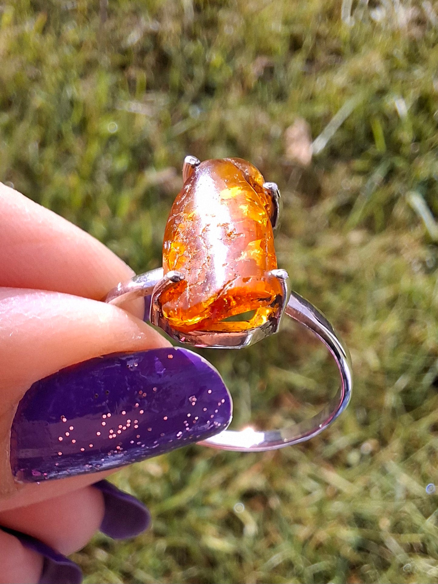 Baltic Amber Ring, size large Y, 925 Silver, Fossil (Ref: AR22)