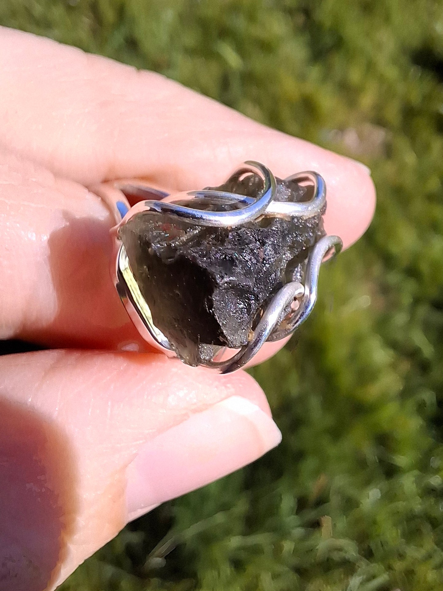 Moldavite Ring, size O, 925 Silver, Tektite (Ref: R8)