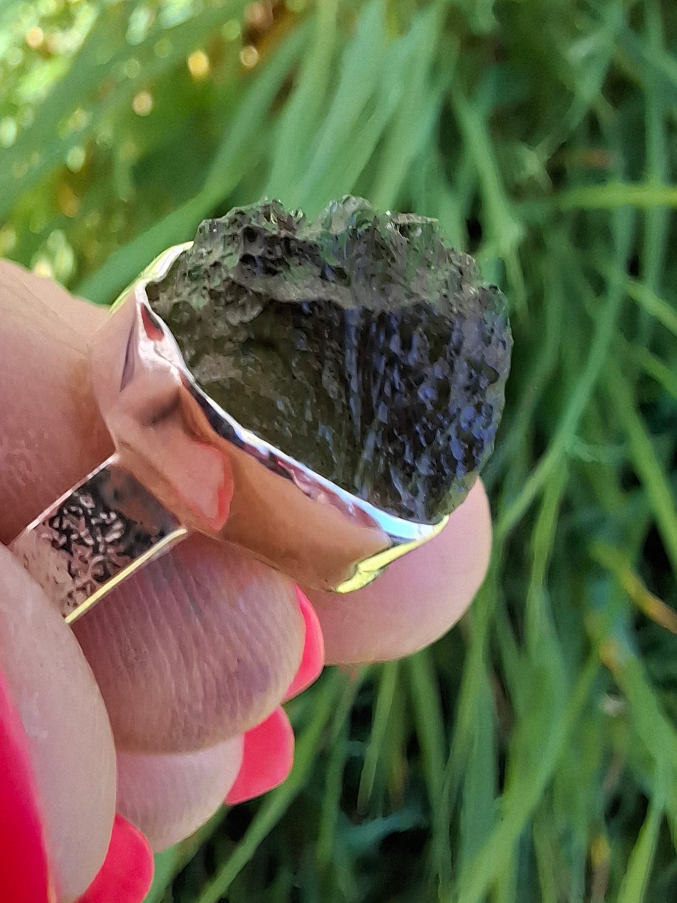 Moldavite Ring, size O, 925 Silver, Tektite (Ref: R312)