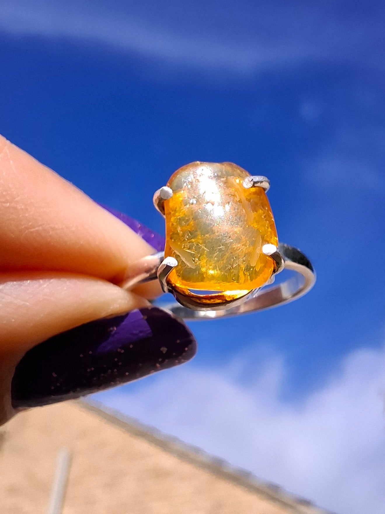 Baltic Amber Ring, size large N, 925 Silver, Fossil (Ref: AR9)