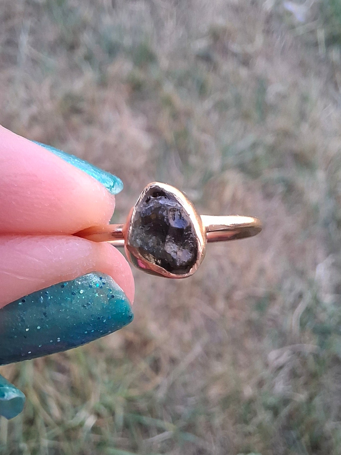 Moldavite Ring, 14K GOLD Plated, size large L, Tektite (Ref: R343)