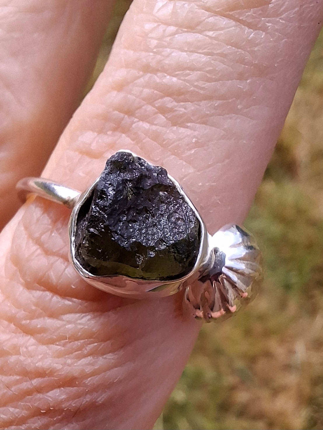 Moldavite ADJUSTABLE Ring, size large V/small W, 925 Silver, Tektite (Ref: AR51)